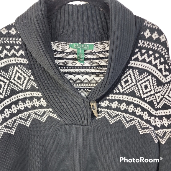 Lauren Ralph Lauren Black Shawl Collar Sweater Women’s Medium Fair Isle - Picture 4 of 5